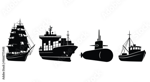 Diverse maritime vessels silhouetted sailing ship cargo ship submarine and fishing boat collection vector