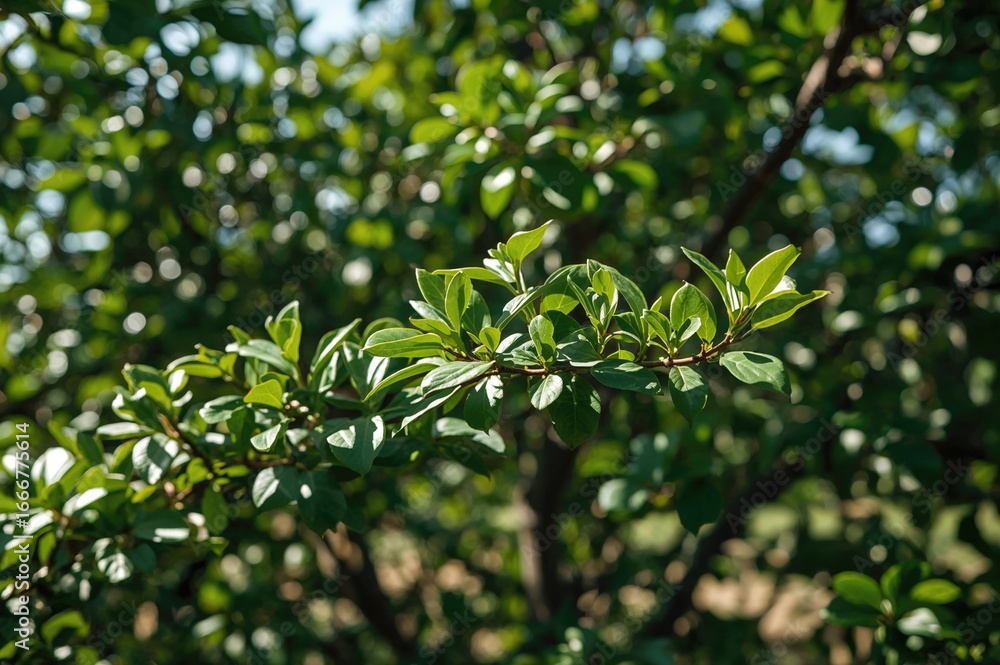 Fototapeta premium Backdrop of a tranquil garden featuring a flourishing green tree bursting with new leaves, reflecting the rich essence of summer's nature and offering a wholesome, nourishing harvest for agriculture