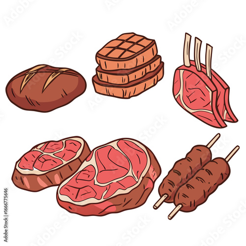 Raw meat cuts and bread loaf vector illustration beef lamb