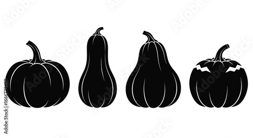 Four distinct black silhouette pumpkins and gourds isolated on white for autumn and halloween celebrations vector