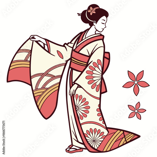 Elegant japanese woman in traditional kimono with floral patterns