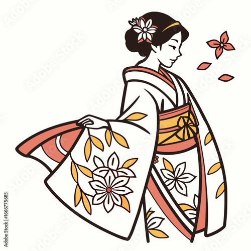 Elegant japanese woman in traditional kimono with floral patterns