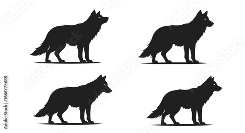 Four stylized black silhouettes of german shepherd dogs standing and looking to the side against a vector