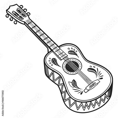 Black and white illustration of a decorative acoustic guitar