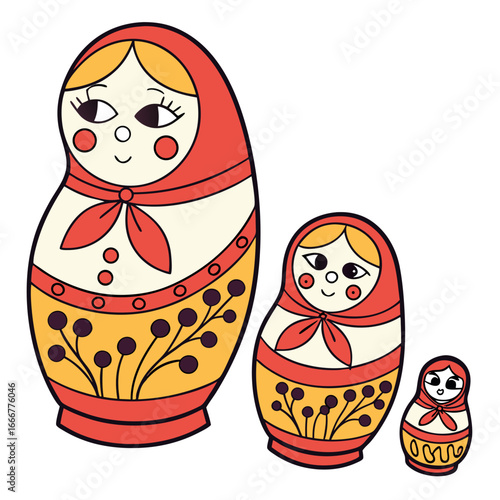 Three colorful nesting dolls in a row with decorative patterns