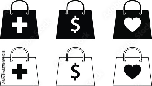 Shopping bags symbolize healthcare, finance, and love with iconic symbols.
