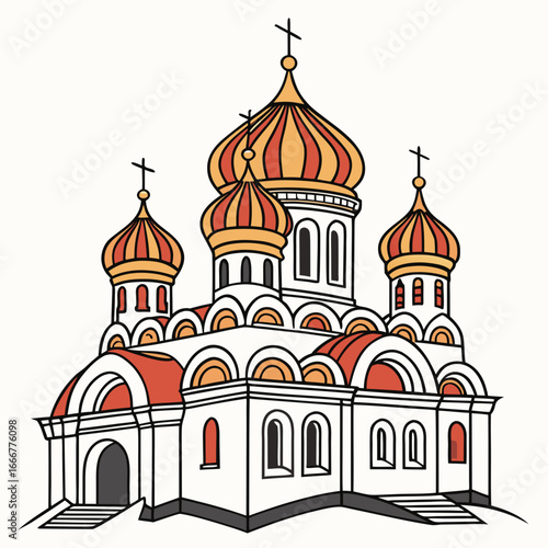 Stylized illustration of a russian orthodox church with golden and red domes