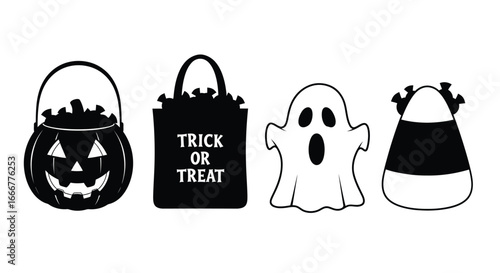 Cute halloween icons set featuring candy bucket ghost trick or treat bag and candy corn festive holiday elements vector