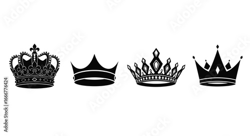 Collection of four ornate black crown silhouettes symbolizing royalty power prestige and luxury vector