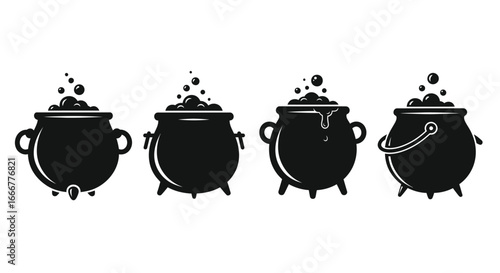 Four black silhouettes of bubbling cauldrons ready for halloween magic or witchcraft potion making vector