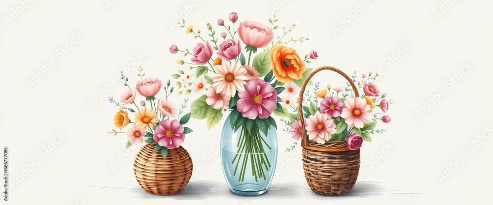 Obraz premium Charming hand-drawn floral bouquets in vases & baskets; cute vector illustrations for festive occasions, floral, festive