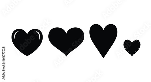 Four black hearts of various sizes and styles showcasing different forms of love and affection vector