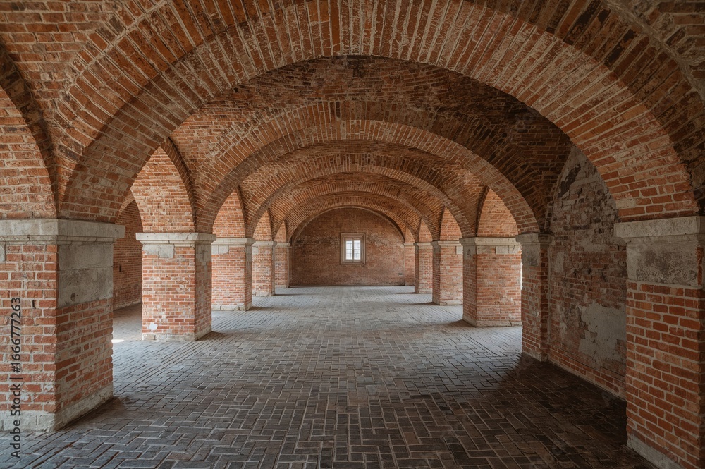 Fototapeta premium Arched brick architecture beneath a historic fortress wall, recently renovated and accessible to visitors