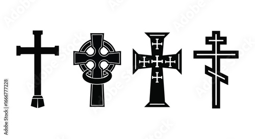 Collection of four distinct religious cross symbols detailed designs for spiritual and cultural representation vector