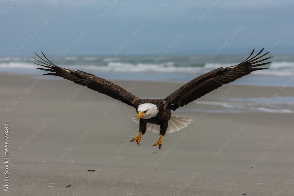 Naklejka premium Majestic bald eagle gliding over sandy shore with wings wide and claws ready to grasp