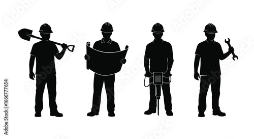 Silhouettes of construction workers with tools and blueprints professional workforce ready for building projects vector