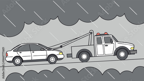 Tow truck towing car in heavy rain storm