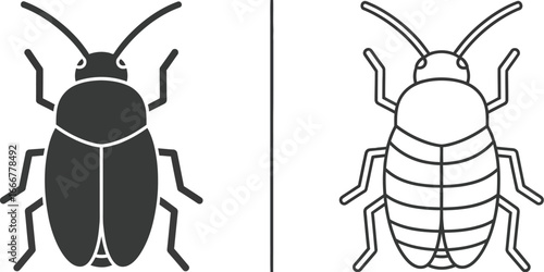 Two simple insect icons, one solid black and one outlined, presented side by side