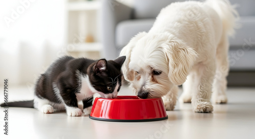 Kitten and Dog Sharing Meal: A heartwarming, domestic scene