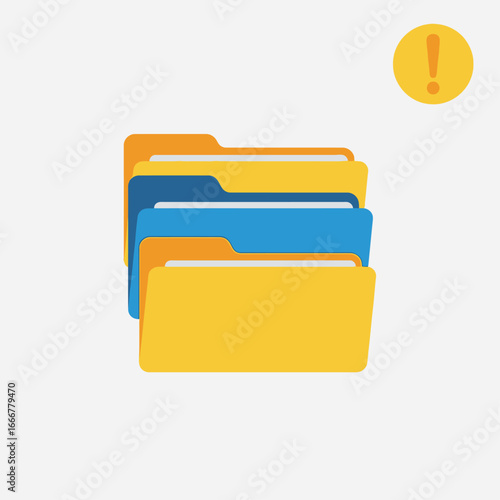 A stack of colorful file folders with a yellow warning icon indicating an error or important notification.