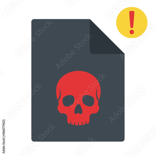 A dark document icon displays a bright red skull symbol, indicating a warning or potential threat, with a yellow alert circle in the upper right corner.