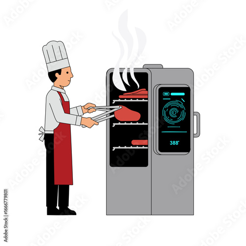A chef is cooking meat in a smoker