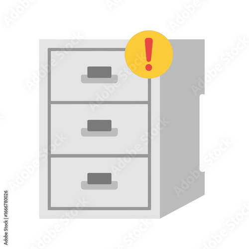 A three-drawer filing cabinet with a yellow warning icon, indicating a problem or alert.