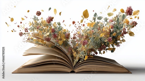 Book pages opening, releasing flowers & leaves, white background, for education & creativity visuals