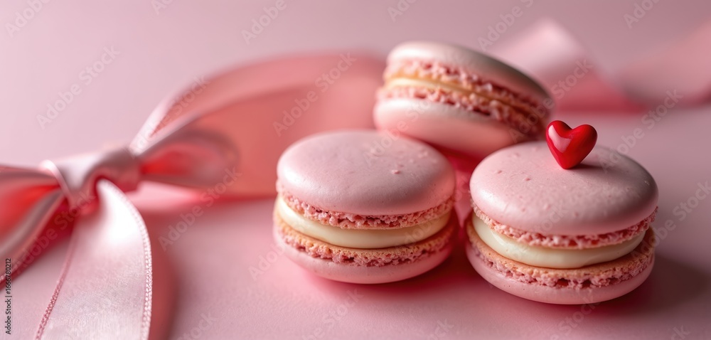 Fototapeta premium Sweet pink macaroons arranged with satin ribbon, small red heart. Delicate French confectionery perfect for celebrations like Valentine Day anniversaries. Delicious biscuit treats with creamy filling