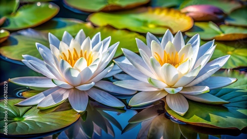 Konstfotografi Two serene white water lilies bloom amidst lush green lily pads on a tranquil pond surface