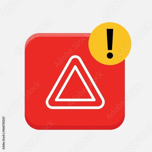 A red square icon with rounded corners contains a white triangle outline and is accompanied by a yellow circle with a black exclamation point.