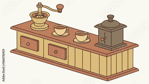 Vintage coffee grinder and cups on a counter antique
