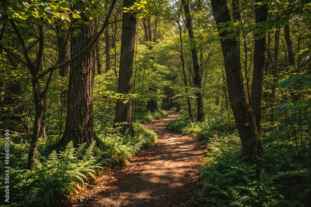 Naklejka premium Scenic trail winding through vibrant spring woodland