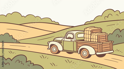 Vintage pickup truck carrying hay bales through rolling hills