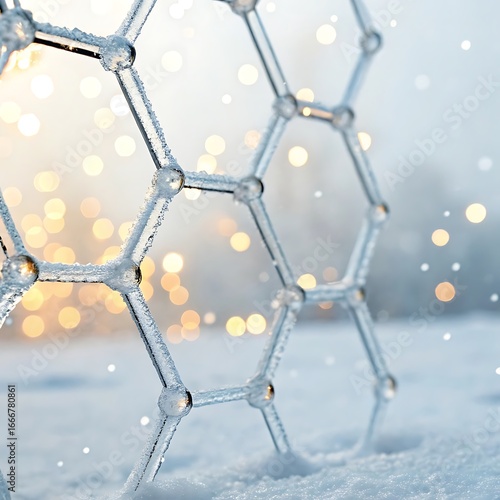 Close up of translucent hexagonal molecular structure with blurred background bokeh lights and snow effect
