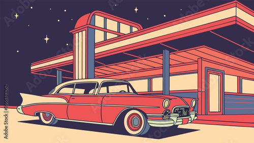Vintage Red Car at Retro Diner Under Starry Night Sky