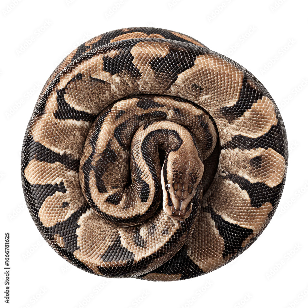 Obraz premium Realistic coiled python isolated on transparent background. Detailed texture and natural pattern make it ideal for wildlife design, exotic animal visuals, and educational or creative projects