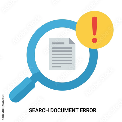 A blue magnifying glass focuses on a document icon, highlighted by a yellow circle with a red exclamation point, indicating an error or problem.