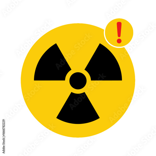 A stylized warning sign featuring a radiation symbol with an exclamation point.