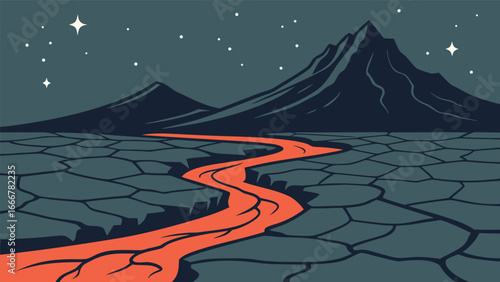 Volcanic Landscape With Lava River Under Starry Night Sky