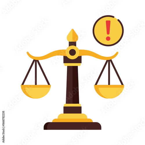 Illustration of a balance scale with an exclamation point, symbolizing justice and warning.