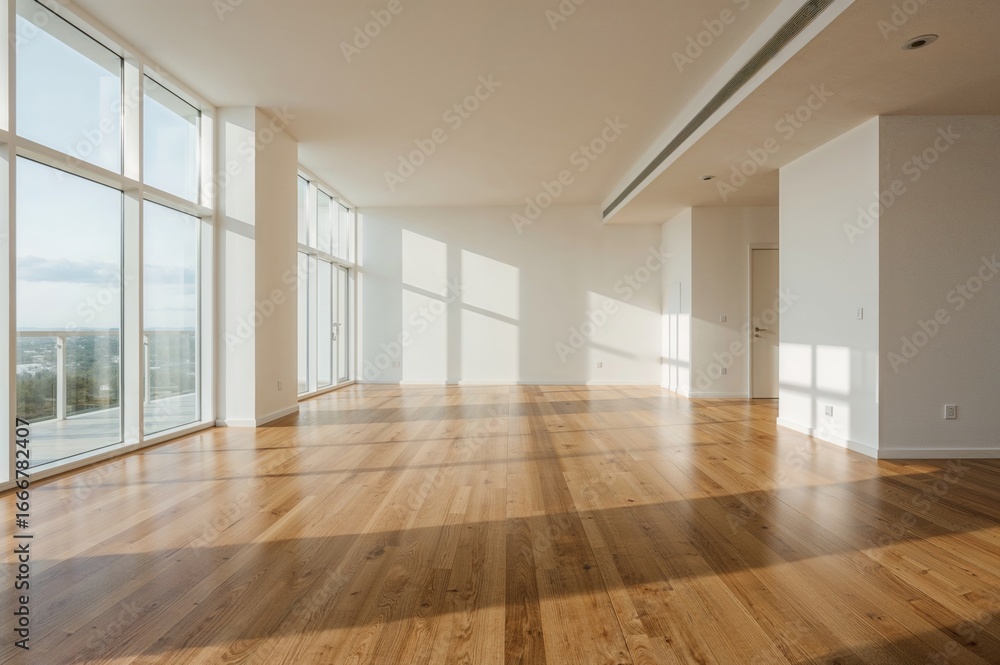 Obraz premium Design and Layout of Vacant Living Space Featuring Multiple Windows