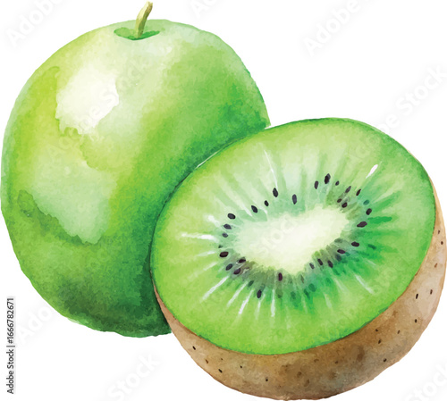 Green And Kiwi Watercolor Fresh Fruit Illustration
