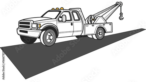 White tow truck on a dark road with shadow towing vehicle