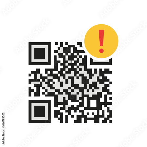 A black and white QR code with an attached yellow warning symbol, indicating an alert.