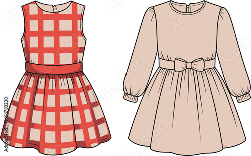 Stylish girls dresses, red check sleeveless dress, beige long sleeve dress with bow, kids fashion outfit, cute toddler clothing