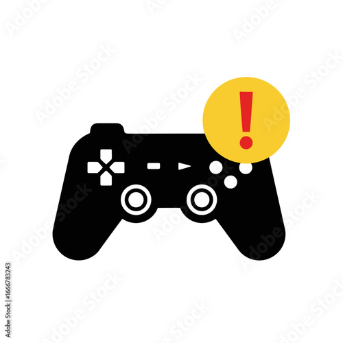 Black video game controller with a yellow warning icon indicating an error or problem.