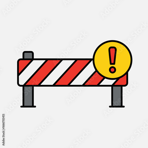 A red and white striped barricade with a yellow exclamation point, signifying a construction zone or closure.