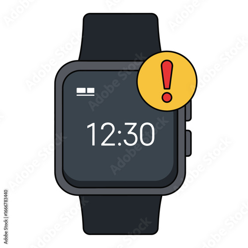 A black smart watch displaying the time 12:30 with a yellow alert icon.