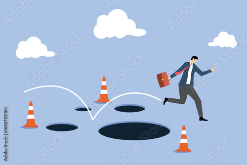 Entrepreneur jump pass many pitfalls to achieve business success. Avoid pitfall, adversity, brave to jump pass mistake or business failure, skillfully and creativity to solve problem concept.
